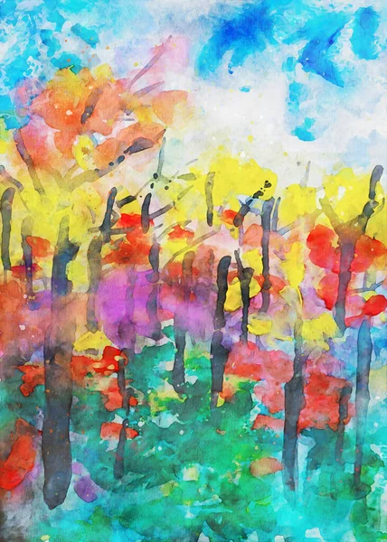 Semi Pintura Aquarela Abstrata Paisagem Outono Árvores Com Folhas Coloridas — Fotografia de Stock