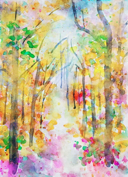 Aquarela Pintura Paisagem Outono Árvores Floresta Com Folhas Coloridas Temporada — Fotografia de Stock