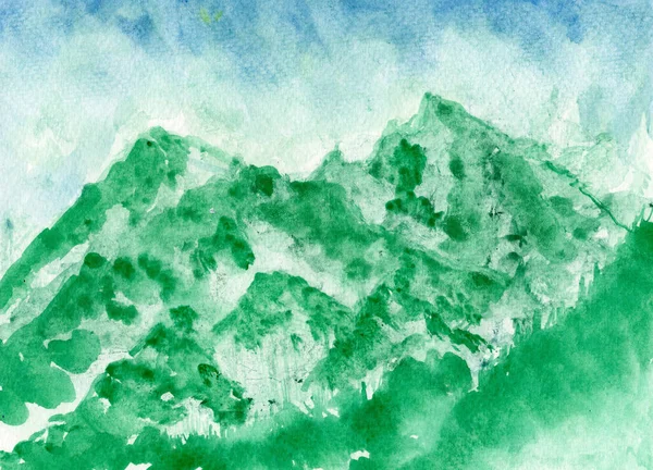 Aquarela Pintura Montanhas Verdes Papel Imagem Pintura Paisagem — Fotografia de Stock