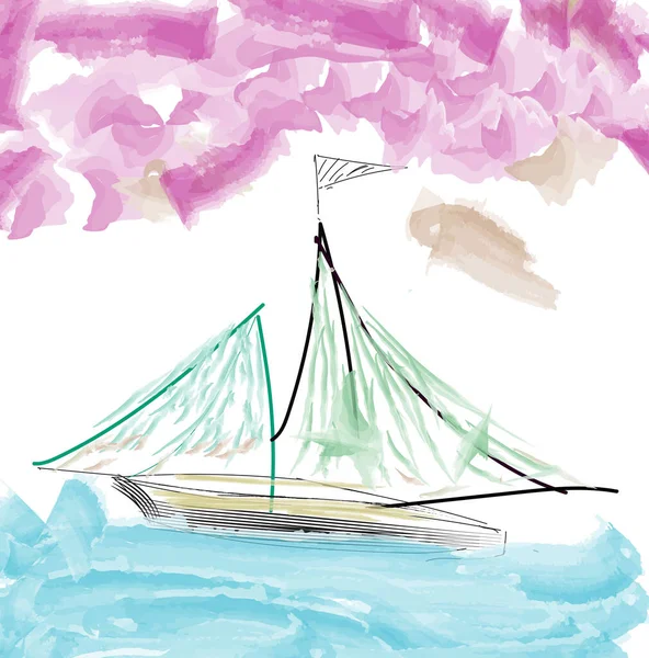illustration of a yacht on sea with clouds around