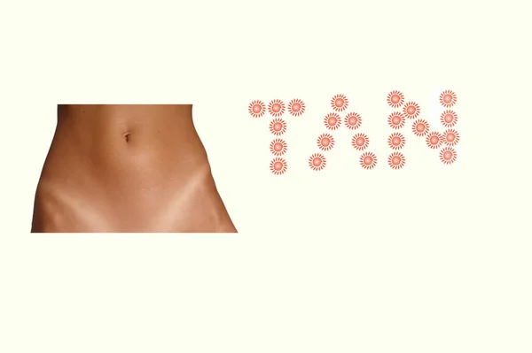belly with tan lines on lower abdominal area on clear background with text TAN