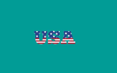 ABD bayrağı yazılı. Harflerle Amerikan bayrağı. Ulusal amblem. Açık yeşil arka planda vatansever bir illüstrasyon. ABD 'nin bağımsızlık günü
