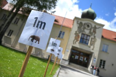 Corona krizi - Wels şehrinde bir okulun önünde (Yukarı Avusturya, Avusturya, Avrupa), işaretler bir metre belirtilmiş uzaklığı gösterir