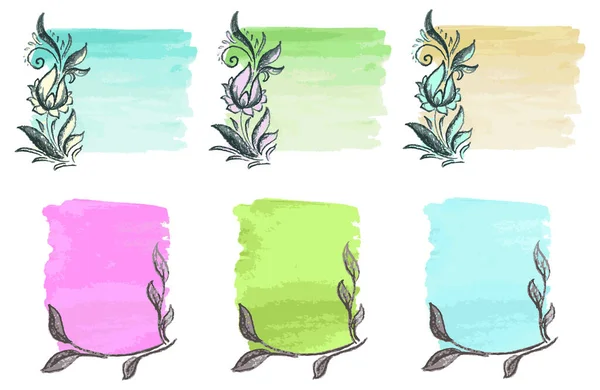 6つの背景 バナー 花の枝を絵のように 多色水彩画の背景 — ストックベクタ