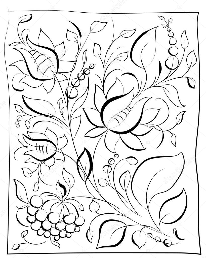 black outline. hand drawing is drawn in a special style. ornament, flowers, bouquet