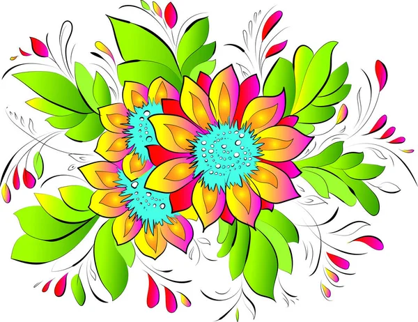 Large Bright Flowers Painted Special Style — Stock Vector