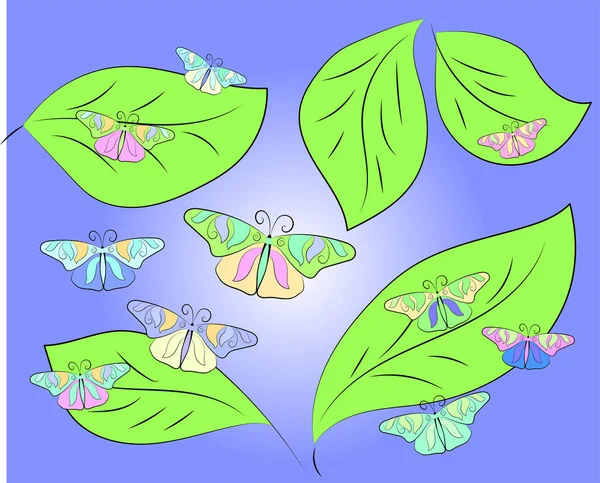 Mariposas Dibujadas Mano Diferentes Colores Hojas Verdes — Archivo Imágenes Vectoriales