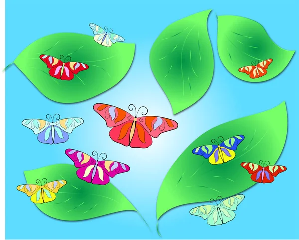 Mariposas Brillantes Diferentes Colores Hojas Verdes Dibujadas Mano — Archivo Imágenes Vectoriales