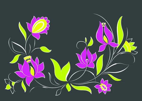 Букет Декоративних Квітів Темному Тлі Петриківський Живопис — стоковий вектор