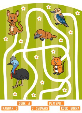 Maze oyunu çocuklar için. Resmi başlığı için yol bulmak ve eksik harf eklemek. Avustralya hayvanlar kümesi. Kanguru, Quokka, Güney cassowary, ahmak ve ornitorenk