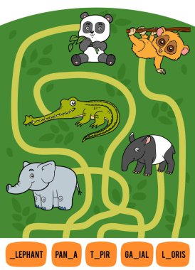 Maze oyunu çocuklar için. Resmi başlığı için yol bulmak ve eksik harf eklemek. Tropikal hayvanların kümesi. Fil, Panda, Tapir, Loris ve Gavial