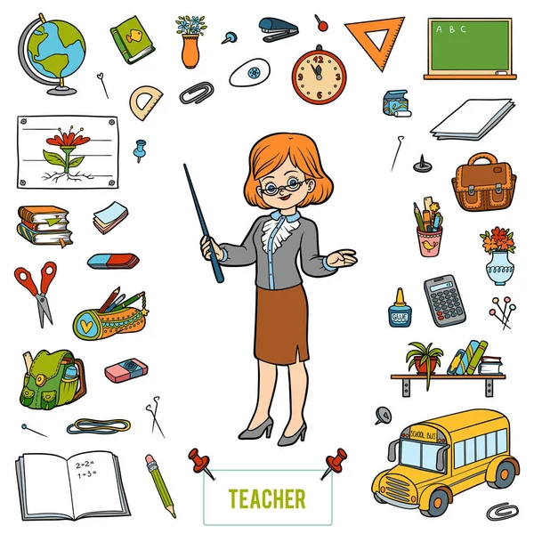 Vector colorful set with teacher and cartoon objects from school