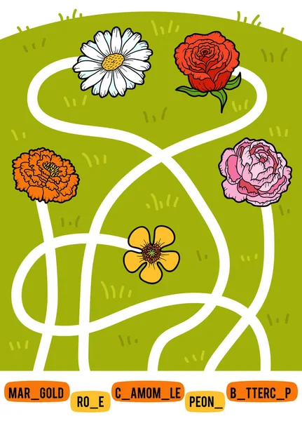 Maze oyunu çocuklar için. Resmi başlığı için yol bulmak ve eksik harf eklemek. Çiçek kümesi