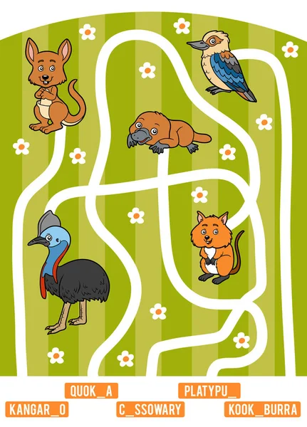 子供のための迷路ゲーム 画像からそのタイトルへの道を見つけるし 不足している文字を追加します オーストラリアの動物のセットです カンガルー クオッカ ヒクイドリ ワライカワセミ カモノハシ — ストックベクタ
