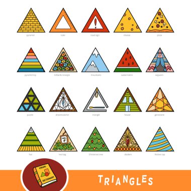 Renkli üçgen şekil nesneleri kümesi. Görsel Sözlük geometrik şekiller hakkında çocuklar için. Eğitim geometri eğitim için ayarla.
