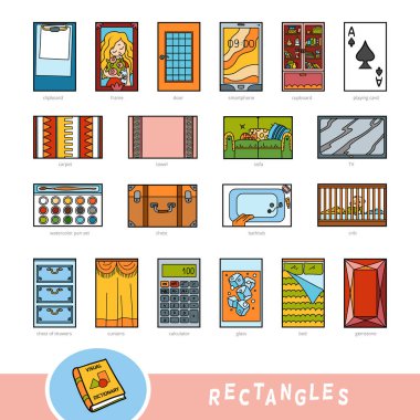 Colorful set of rectangle shape objects. Visual dictionary for children about geometric shapes. Education set for studying geometry.