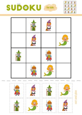 Sudoku, eğitim oyun çocuklar için. Çizgi film karakterleri - Prens, deniz kızı, cadı ve Sihirbazı. Makas ve yapıştırıcı eksik öğeleri doldurmak için kullanın
