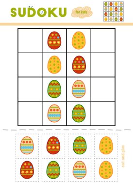 Sudoku, eğitim oyun çocuklar için. Paskalya yumurta karikatür kümesi. Makas ve yapıştırıcı eksik öğeleri doldurmak için kullanın