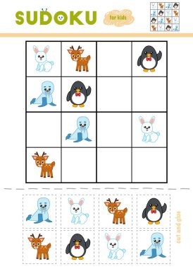 Sudoku, eğitim oyun çocuklar için. Kış hayvan - penguen, tavşan, geyik, Mors karikatür. Makas ve yapıştırıcı eksik öğeleri doldurmak için kullanın