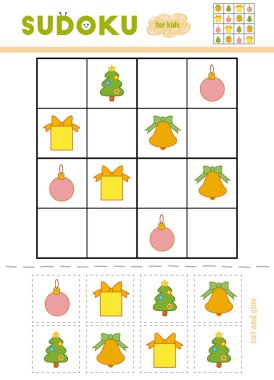 Sudoku, eğitim oyun çocuklar için. Noel nesneler - bell, Hediyelik Noel ağacı, topu çizgi. Makas ve yapıştırıcı eksik öğeleri doldurmak için kullanın