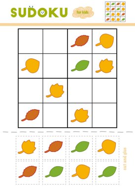 Sudoku, eğitim oyun çocuklar için. Çizgi film dizi yaprakları. Makas ve yapıştırıcı eksik öğeleri doldurmak için kullanın