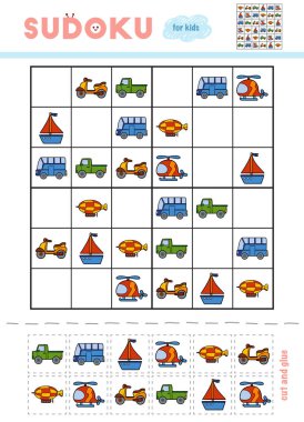 Sudoku, eğitim oyun çocuklar için. Çizgi film Aktarım nesneleri - helikopter, otobüs, Scooter, pikap, yat ve zeplin. Makas ve yapıştırıcı eksik öğeleri doldurmak için kullanın