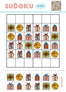 Sudoku, eğitim oyun çocuklar için. Noel hediyeleri çizgi film seti. Makas ve yapıştırıcı eksik öğeleri doldurmak için kullanın