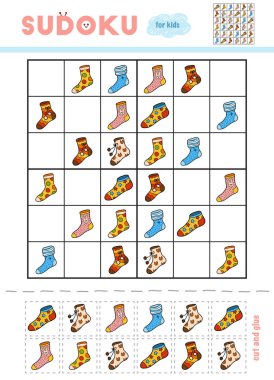 Sudoku, eğitim oyun çocuklar için. Çizgi film seti çorap. Makas ve yapıştırıcı eksik öğeleri doldurmak için kullanın