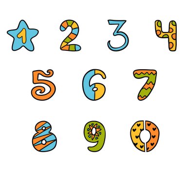 Renkli karikatür sembolleri, sıfırdan dokuza komik sayılar kümesi