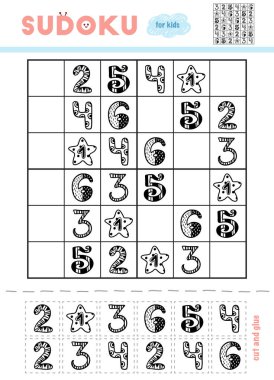 Sudoku, eğitim oyun çocuklar için. Çizgi film sayı kümesi. Makas ve yapıştırıcı eksik öğeleri doldurmak için kullanın