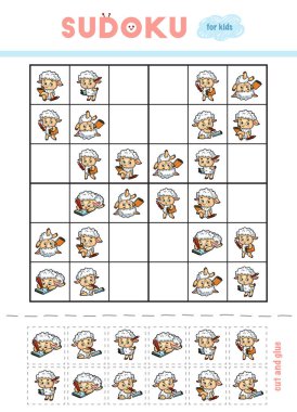Sudoku, eğitim oyun çocuklar için. Çizgi film koyun kümesi. Makas ve yapıştırıcı eksik öğeleri doldurmak için kullanın