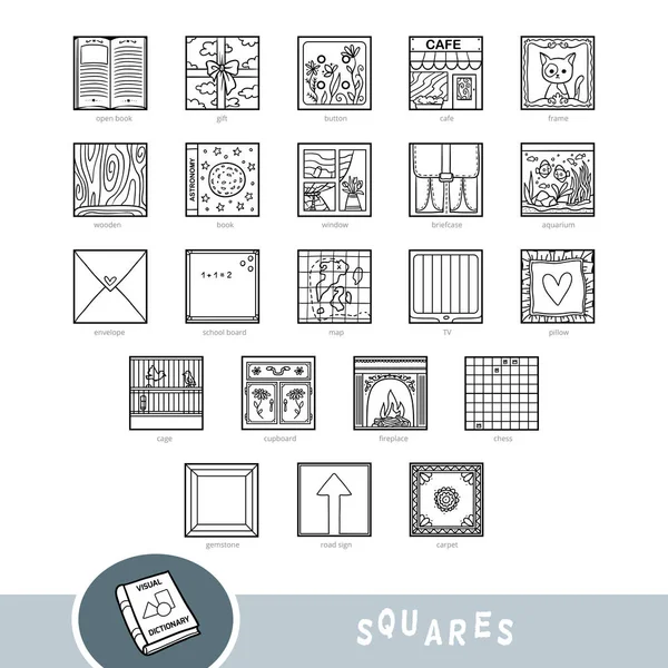 Μαύρο Και Άσπρο Σύνολο Αντικειμένων Τετράγωνο Σχήμα Εικονογραφημένο Λεξικό Για — Διανυσματικό Αρχείο