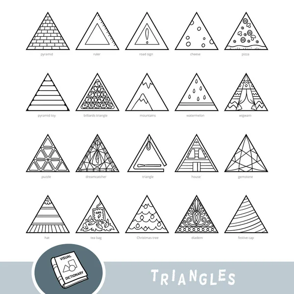 Conjunto Blanco Negro Objetos Forma Triangular Diccionario Visual Para Niños — Vector de stock