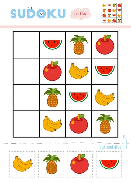 Sudoku for children, education game. Cartoon set of Fruits. Use scissors and glue to fill the missing elements