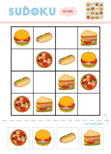 Sudoku Gyerekeknek Játék Oktatás Karikatúra Élelmiszer Set Pizza Hot Dog — Stock Vector