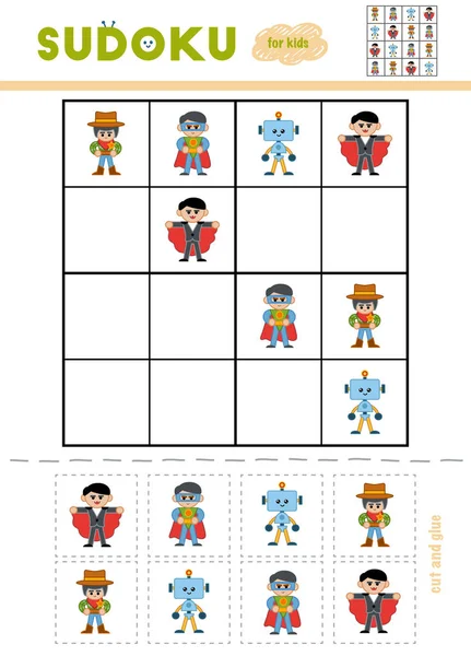 Sudoku for children, education game. Cartoon characters - Superhero, Sheriff, Robot, Vampire. Use scissors and glue to fill the missing elements