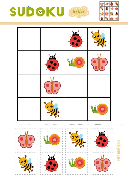 Sudoku Para Niños Juego Educación Insectos Dibujos Animados Mariquita Mariposa — Vector de stock