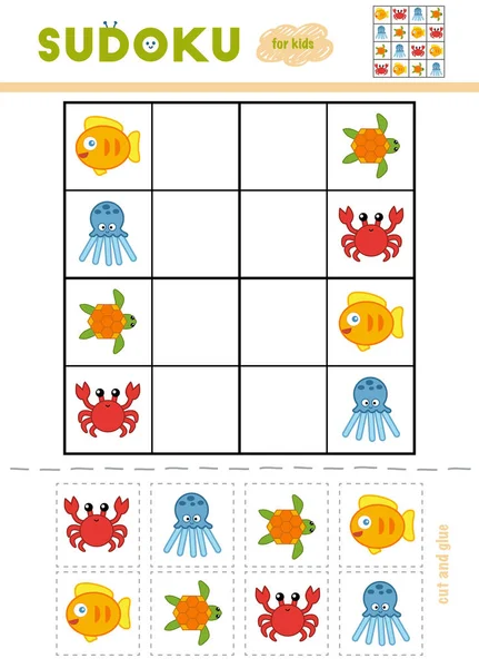 Sudoku for children, education game. Cartoon sea animals - Octopus, Turtle, Crab, Fish. Use scissors and glue to fill the missing elements