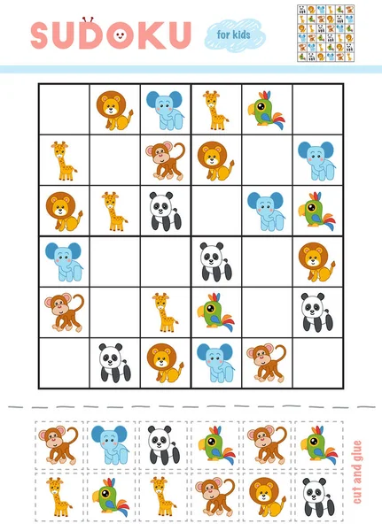 Sudoku for children, education game. Cartoon animals - Monkey, Giraffe, Lion, Parrot, Elephant and Panda. Use scissors and glue to fill the missing elements