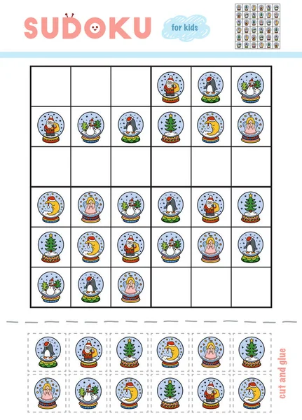 Sudoku for children, education game. Cartoon set of snowballs. Use scissors and glue to fill the missing elements