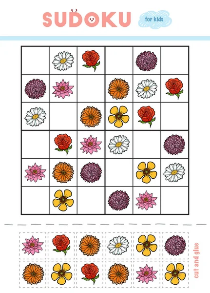 Sudoku Für Kinder Aufklärungsspiel Blumensatz Schere Und Kleber Verwenden Die — Stockvektor