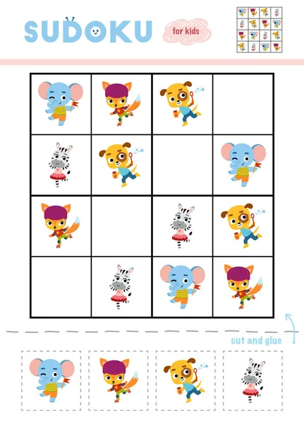 Sudoku Für Kinder Aufklärungsspiel Zeichentrickfiguren Zebra Elefant Hund Und Fuchs — Stockvektor