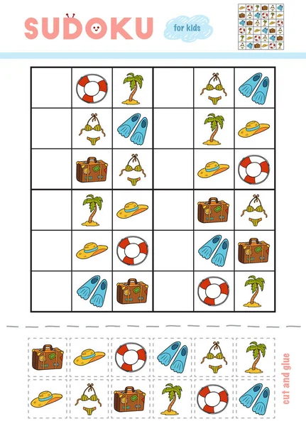 Sudoku Gyerekeknek Játék Oktatás Rajzfilm Objektumok Vonatkozó Nyaralás Olló Ragasztó — Stock Vector