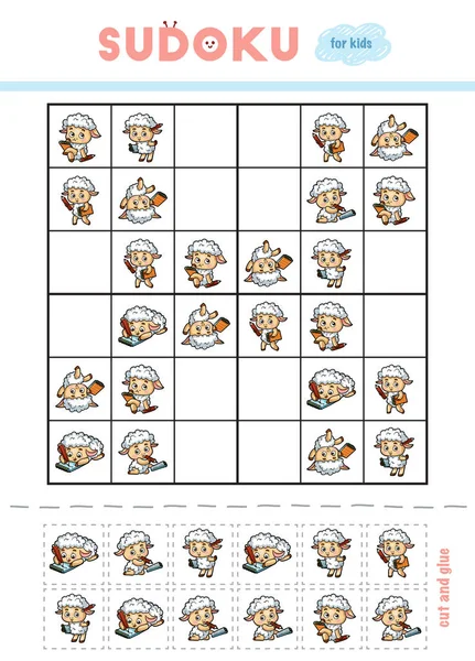 Sudoku Bambini Gioco Educazione Set Pecore Cartone Animato Usa Forbici — Vettoriale Stock