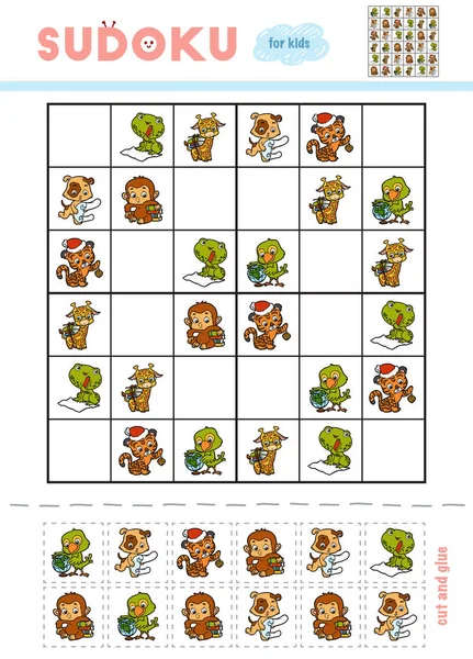 Jogo de sudoku para crianças com fotos. feliz natal e feliz ano novo. o  tigre é um símbolo do ano novo chinês com elementos de natal. vetor.