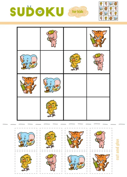 教育ゲーム子供のための数独 漫画のキャラクター スーパー ヒーロー 保安官 ロボット 吸血鬼 はさみや接着剤を使用して 不足している要素を塗りつぶす ストックベクター C Ksenya Savva