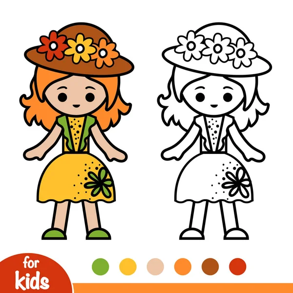 Livre Colorier Pour Enfants Fille Chapeau Robe Été — Image vectorielle