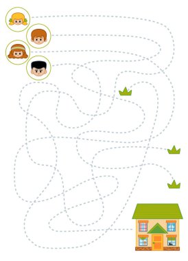 Maze oyunu çocuklar için eğitim çalışma sayfası. Erkekler ve kızlar ve bir ev