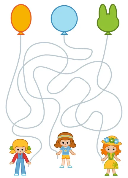 Maze Game Children Education Worksheet Girls Party Balloons — Stock Vector