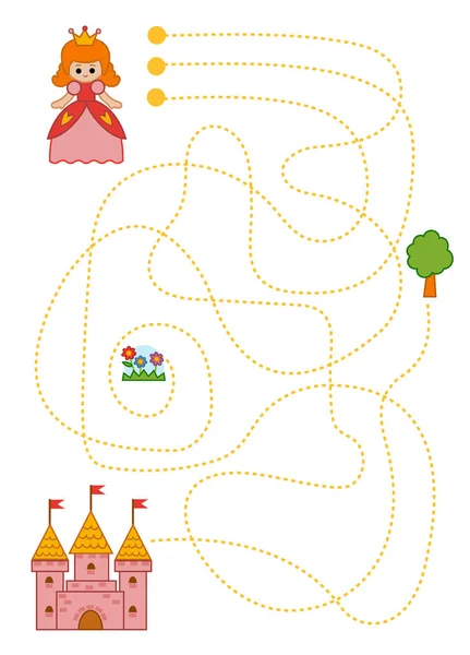 Maze Game Children Education Worksheet Princess Castle — Stock Vector